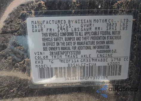 2015 Nissan Sentra S z USA, uszkodzony, nr VIN 3N1AB7AP0FY372359